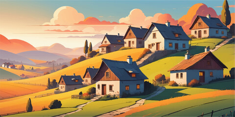 Scenic mountain village landscape featuring rural houses and green nature under a clear sky with summer forest trees and grass fields © RazuAhmed