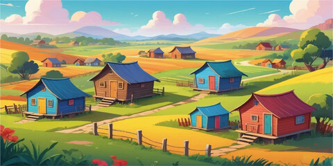 Autumn landscape with houses and mountains in an Austrian village featuring a rural cottage near a forest meadow and green hills