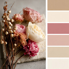 A flower arrangement with pink and white flowers on a stone surface