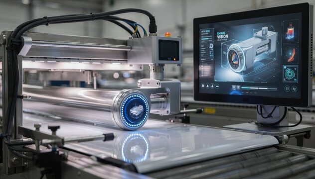 Sidemounted smart vision system capturing highresolution images of products to identify misalignment defects showcasing advanced AI integration in manufacturing.