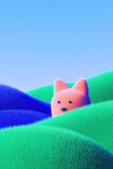 Obraz premium Top-down view of a cute red plush fox peeking out of a green fluffy grass meadow, minimalist 3D textile art background