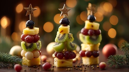 Festive holiday appetizers shaped like Christmas trees with stars, bokeh background