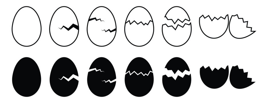 Easter egg icon, vector. Broken Easter egg. Ester eggs shell. Egg shell and egg icon set. Cracked egg vector illustration.
