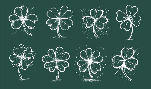 Lucky four, three clover shamrock leaf, hand drawn