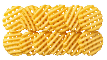 Golden waffle fries isolated PNG on transparent background, crispy potato snack for fast food menus...