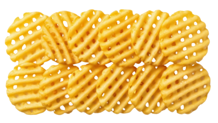 Golden waffle fries isolated PNG on transparent background, crispy potato snack for fast food menus and culinary designs