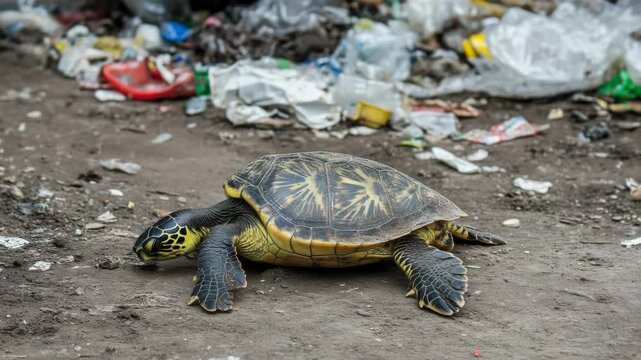 A beautiful turtle navigates a polluted landscape. Plastic waste threatens its natural habitat.