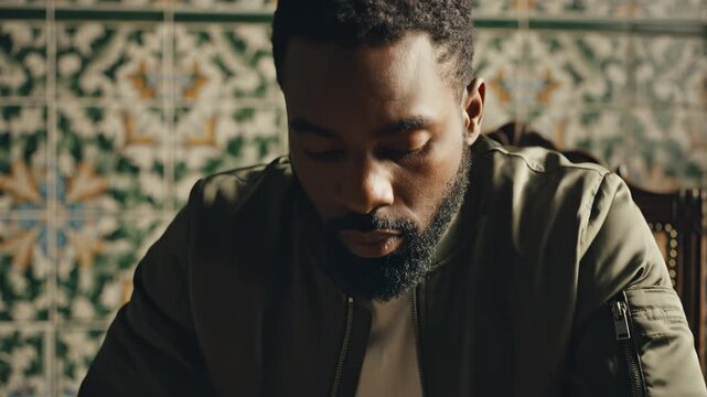 Man in green jacket posing against patterned wall
