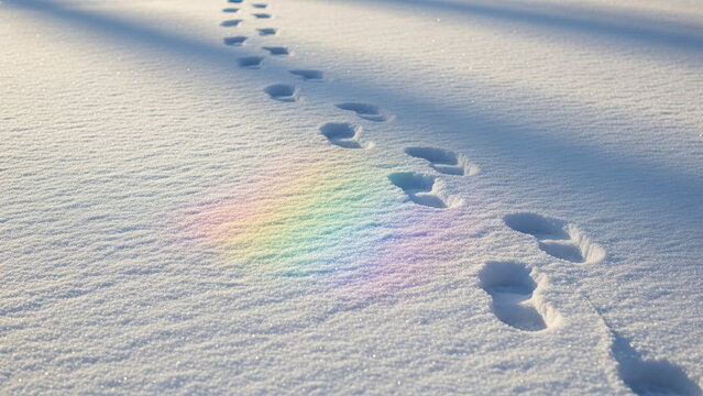 Footprints in the Snow with Rainbow Lens Flare.