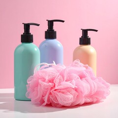 Pastel Bathroom Essentials - Soap Dispensers and Pink Loofah.