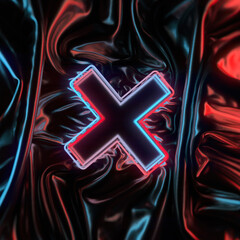 A dynamic background featuring a neon X symbol on black metallic fabric. The red and blue glow creates a stereoscopic effect. Perfect for cyberpunk designs