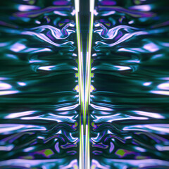 Symmetrical, abstract background with a mirror effect. Vertical neon lines divide an iridescent, holographic texture. The concept is that of a portal, VR, or the metaverse