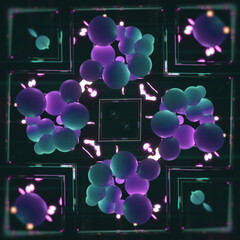 A neon 3D illustration in a cyberpunk style. A symmetrical composition of turquoise and purple spheres in glass blocks. A futuristic background for gaming or music content