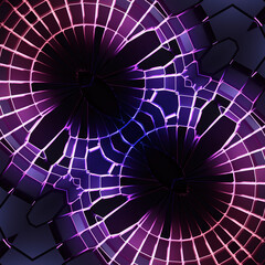 A hypnotic fractal pattern with neon cracks. Red, purple, and blue hues form a symmetrical, dynamic composition for a unique background. 3d rendering