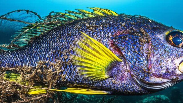 A vibrant fish struggles, entangled in marine debris underwater. Its striking colors highlight the ocean's fragile beauty.