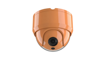 Orange dome security camera isolated PNG, surveillance system for home safety and crime prevention on transparent background