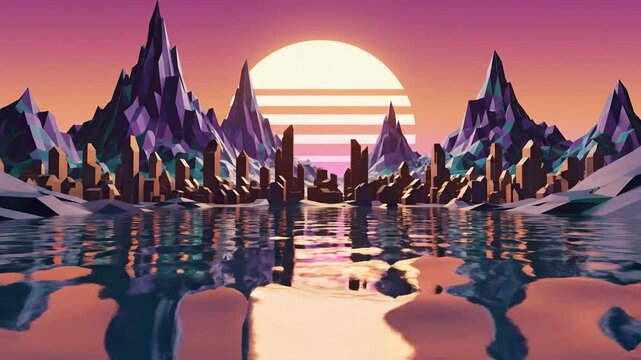 Abstract low poly mountain landscape with water and sunset illustration