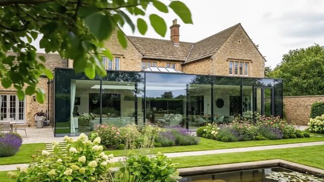 Luxury modern country house with glass extension and green garden.