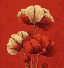 Elegant red and cream poppy flowers with fine line textures on a red textured background botanical floral illustration Generative AI