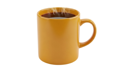Steaming yellow coffee mug isolated PNG, hot beverage in a cup on transparent background for graphic design and marketing use