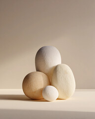 A group of four white and tan rocks are sitting on a table