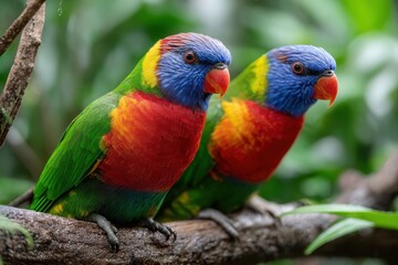 Fototapeta premium Two Colorful Rainbow Lorikeets Perched on a Branch