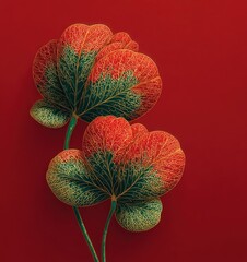 Two vivid red and green four leaf clovers with glowing golden vein details on bold red background botanical fantasy design Generative AI