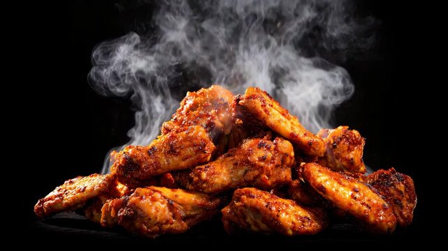 A pile of spicy grilled chicken wings with smoke rising
