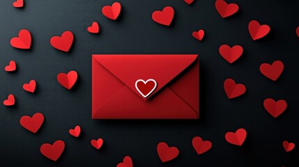 Red envelope with heart surrounded by floating red hearts on dark background. Valentine’s Day love message concept for greeting cards