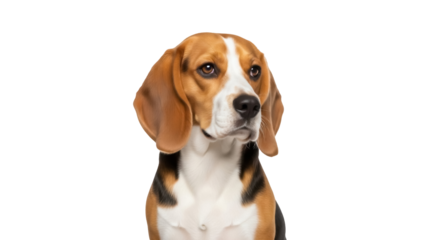 Adorable beagle dog portrait isolated PNG, cute puppy with brown and white fur on transparent background