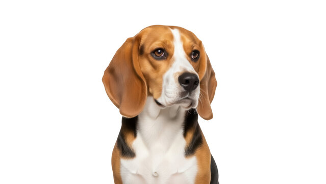 Adorable beagle dog portrait isolated PNG, cute puppy with brown and white fur on transparent background