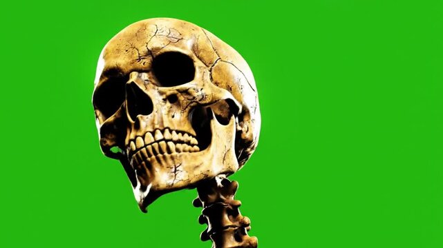 3D animation human skull rotating against a chroma key green screen background for Halloween intros and scary movie projects.