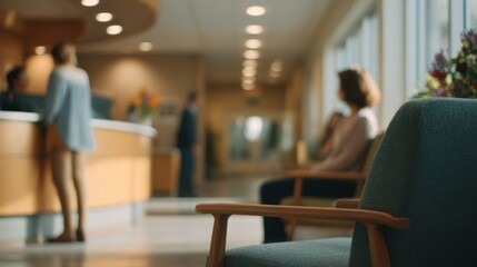Medium shot capturing primary care waiting room seating zone in soft focus while a reception clerk interacts with patients on a calm morning.