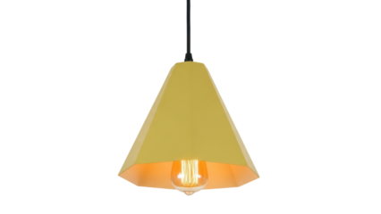 Modern mustard yellow pendant light isolated PNG, geometric lampshade with warm light bulb on transparent background, contemporary interior design element