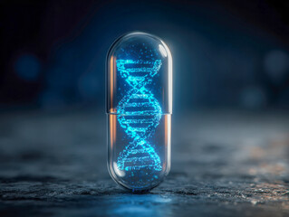 Transparent capsule containing glowing blue digital dna helix symbolizing advanced genetic medicine and futuristic biotechnology innovation in healthcare science
