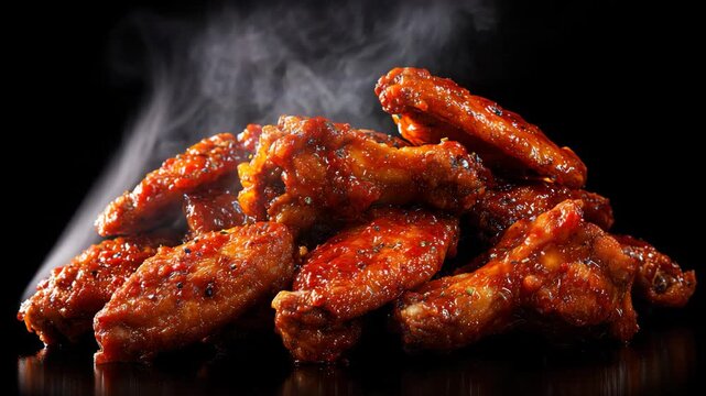 A pile of spicy chicken wings with steam rising from them on a black background
