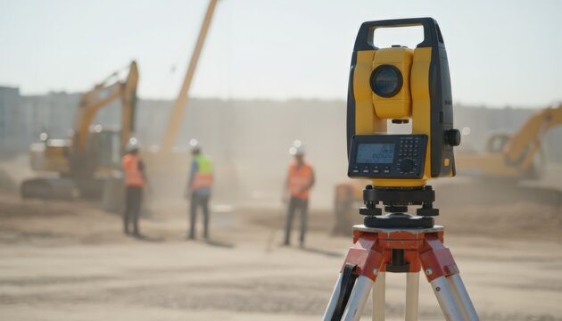 Total Station In Foreground Surveying Construction Site With Site Surveyor Documenting Layout While Crew Operates Excavators In Dusty Sunlight, HighVisibility Vests And Helmets, Tripod