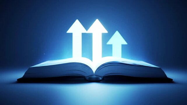 Open book with glowing arrows pointing upwards, symbolizing growth and knowledge.