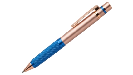 Elegant rose gold and blue pen isolated PNG, stylish writing instrument for office supplies and creative projects on transparent background