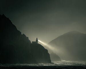 Lighthouse Piercing Misty Coastline at Dusk