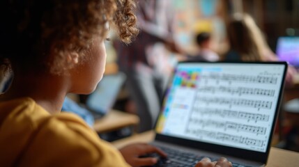 Medium shot featuring a digital harmony training program on a laptop the student focused on the screen while the teacher points at musical notes in the blurred background.
