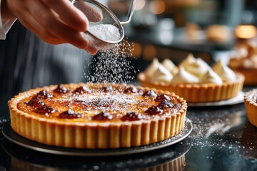 Pastry chef adding powdered sugar to a delicious dessert in a bakery kitchen