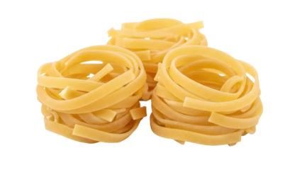 Three nests of fresh egg tagliatelle pasta isolated on transparent background PNG, Italian uncooked dried ribbon noodle nests for culinary use