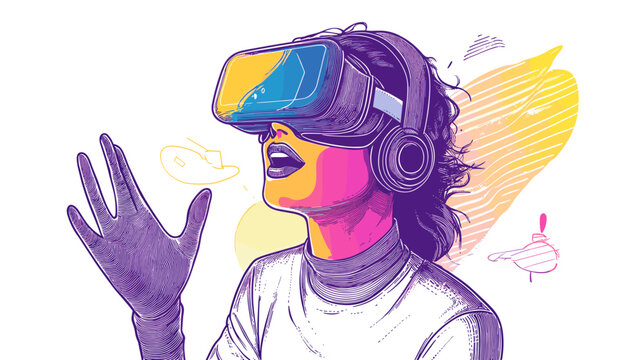 Woman wearing virtual reality headset and gloves. - Powered by Adobe