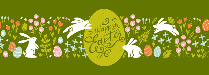 Cute hand drawn Easter seamless pattern with bunnies, flowers, easter eggs, beautiful background, great for Easter Cards, banner, textiles, wallpapers - vector design © TALVA