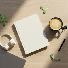 White book on wooden desk with coffee cup laptop headphones pen and green plants in bright workspace from above