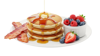 Stack of pancakes with butter and maple syrup isolated PNG, served with bacon and fresh berries on transparent background