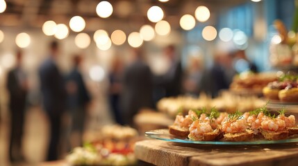 Festive buffet table with canapes and appetizers on blurred background of banquet hall with people and golden bokeh lights