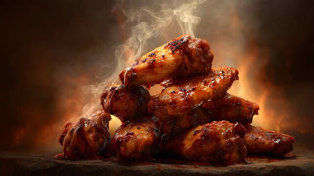 A pile of spicy chicken wings stacked on top of each other with smoke and flames