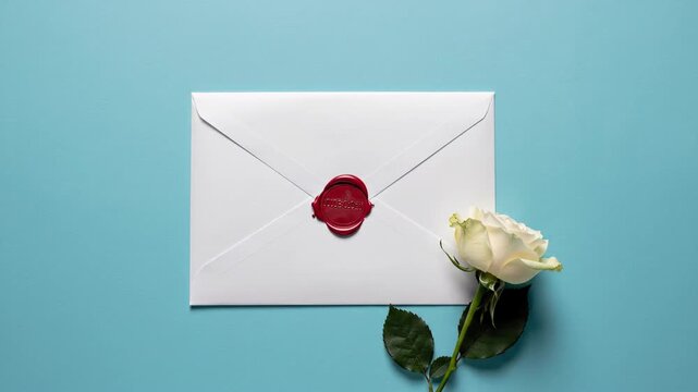 Elegant white envelope sealed with red wax and a white rose on blue background.